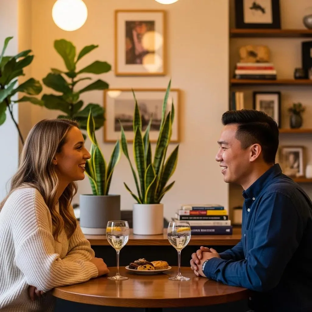 Couple Enjoying A Sober Date In A Cozy Café, Highlighting Healthy Relationships In Recovery
