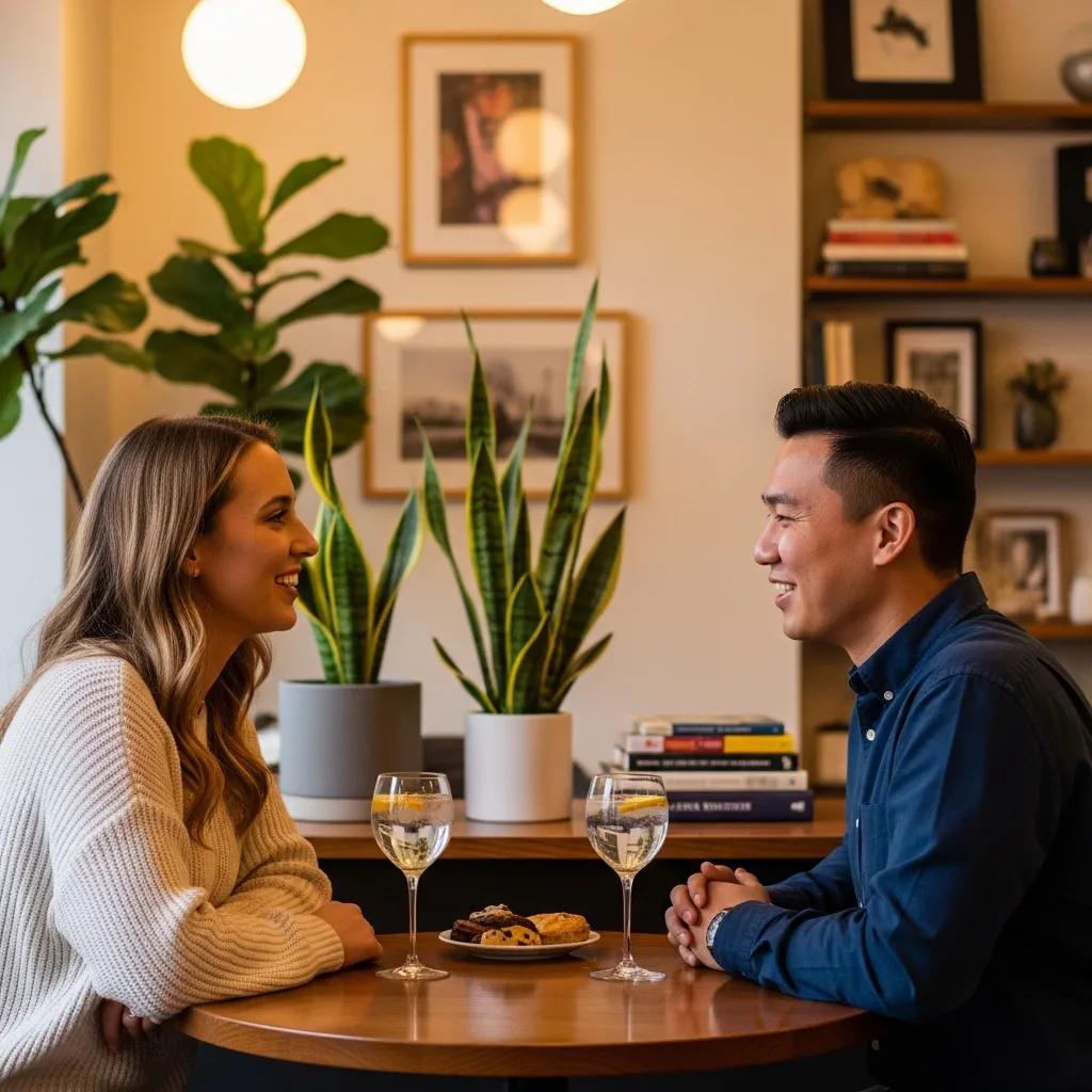 Couple enjoying a sober date in a cozy café, highlighting healthy relationships in recovery