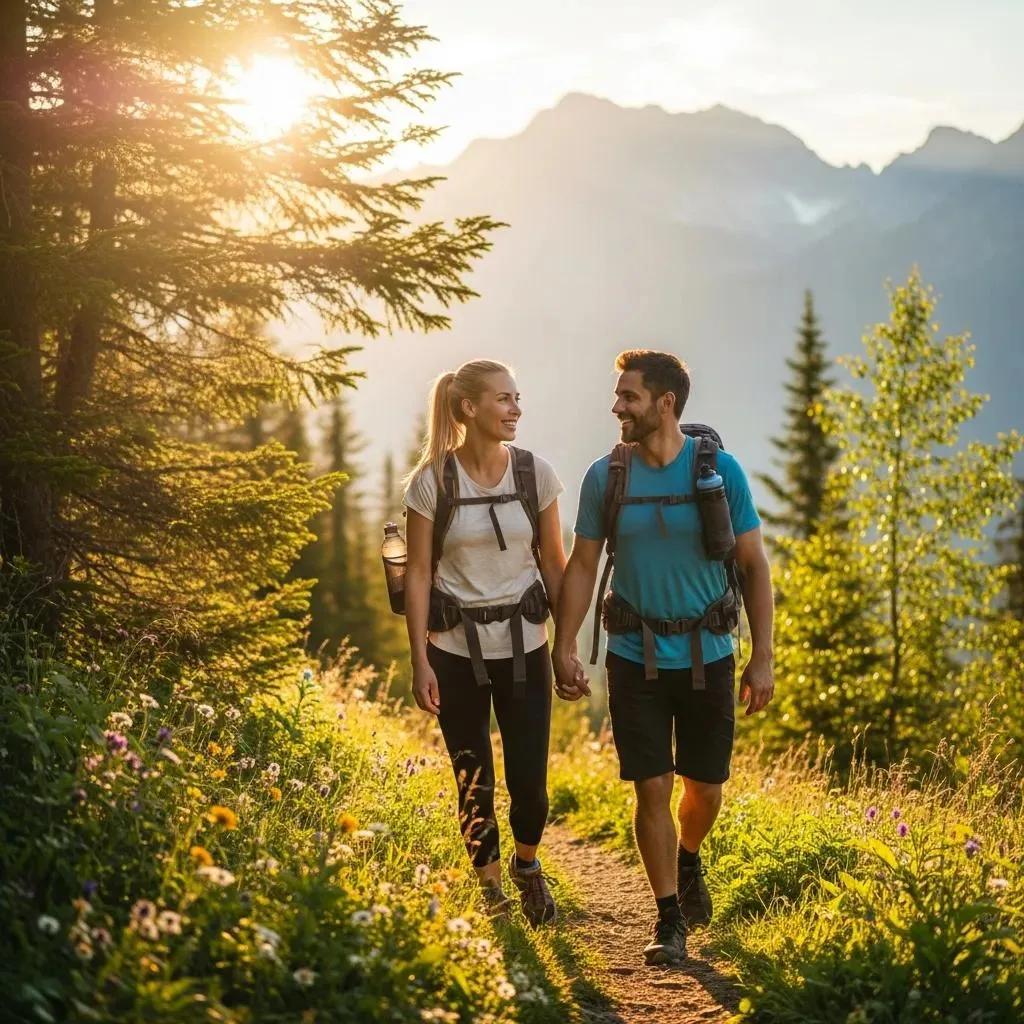 Couple Hiking On A Scenic Trail, Showcasing Creative And Enjoyable Sober Date Ideas