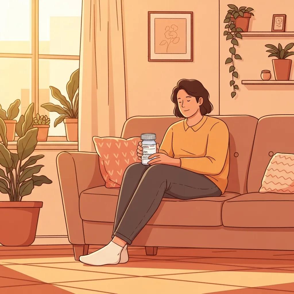 Cozy living room scene with a person holding antidepressant medication, symbolizing hope and comfort in depression treatment