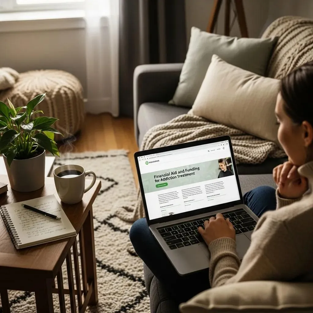 Cozy Living Room Scene With A Person Researching Financial Aid For Addiction Treatment On A Laptop