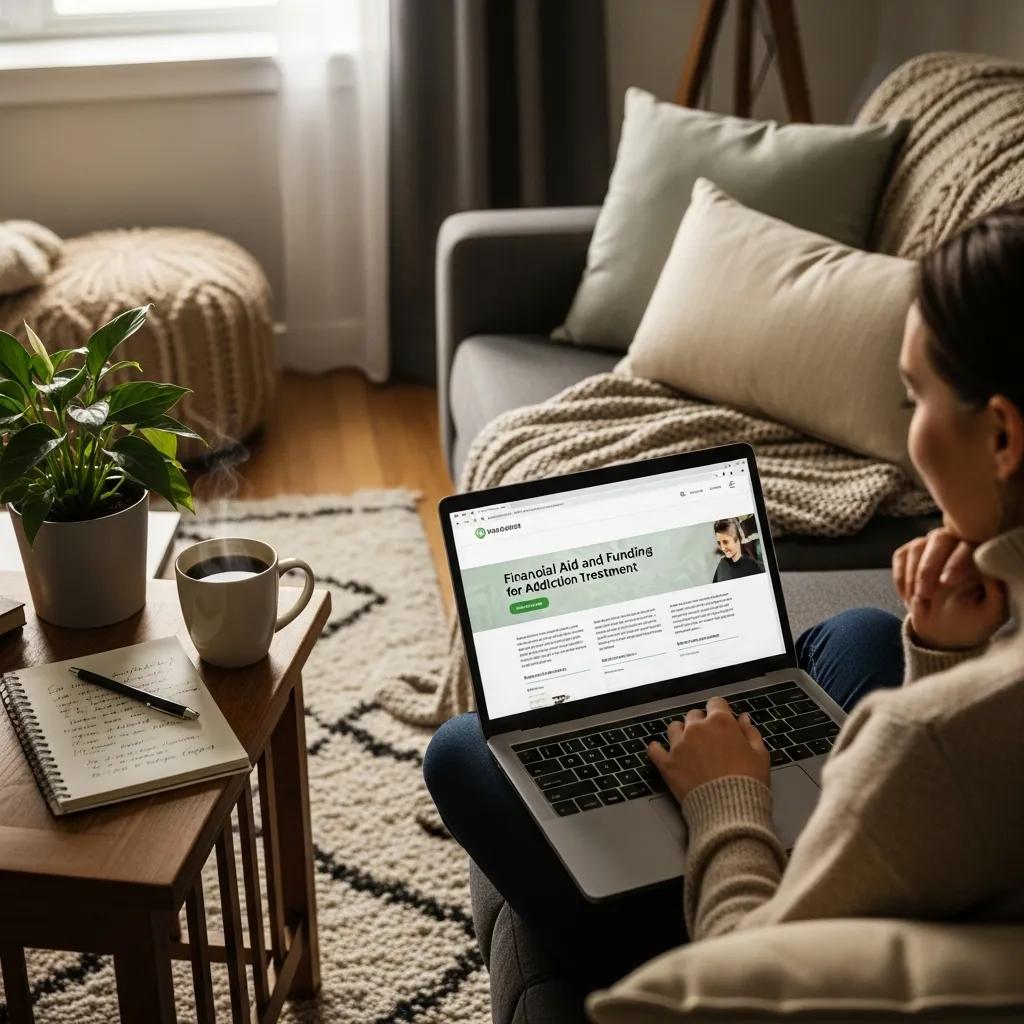 Cozy living room scene with a person researching financial aid for addiction treatment on a laptop