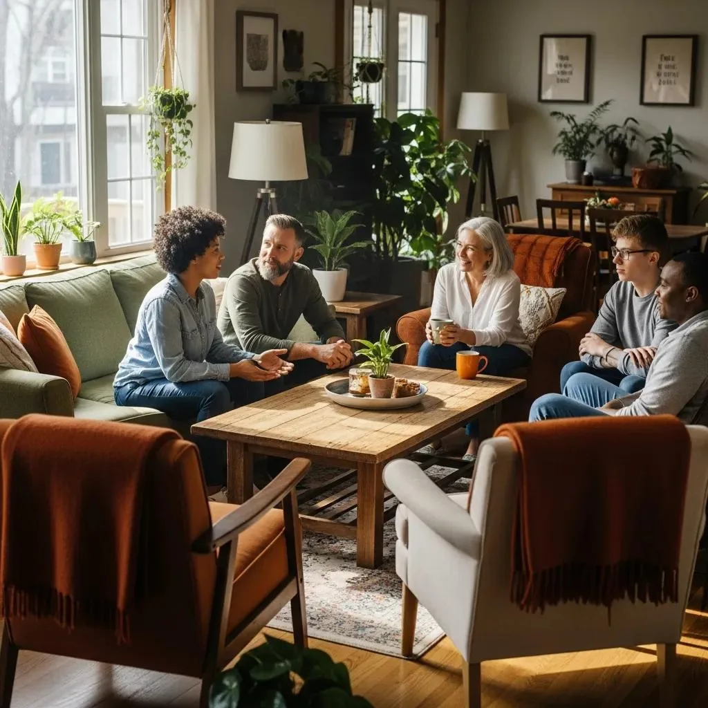 Cozy Living Space In A Sober Living Home With Diverse Individuals Engaging In Conversation