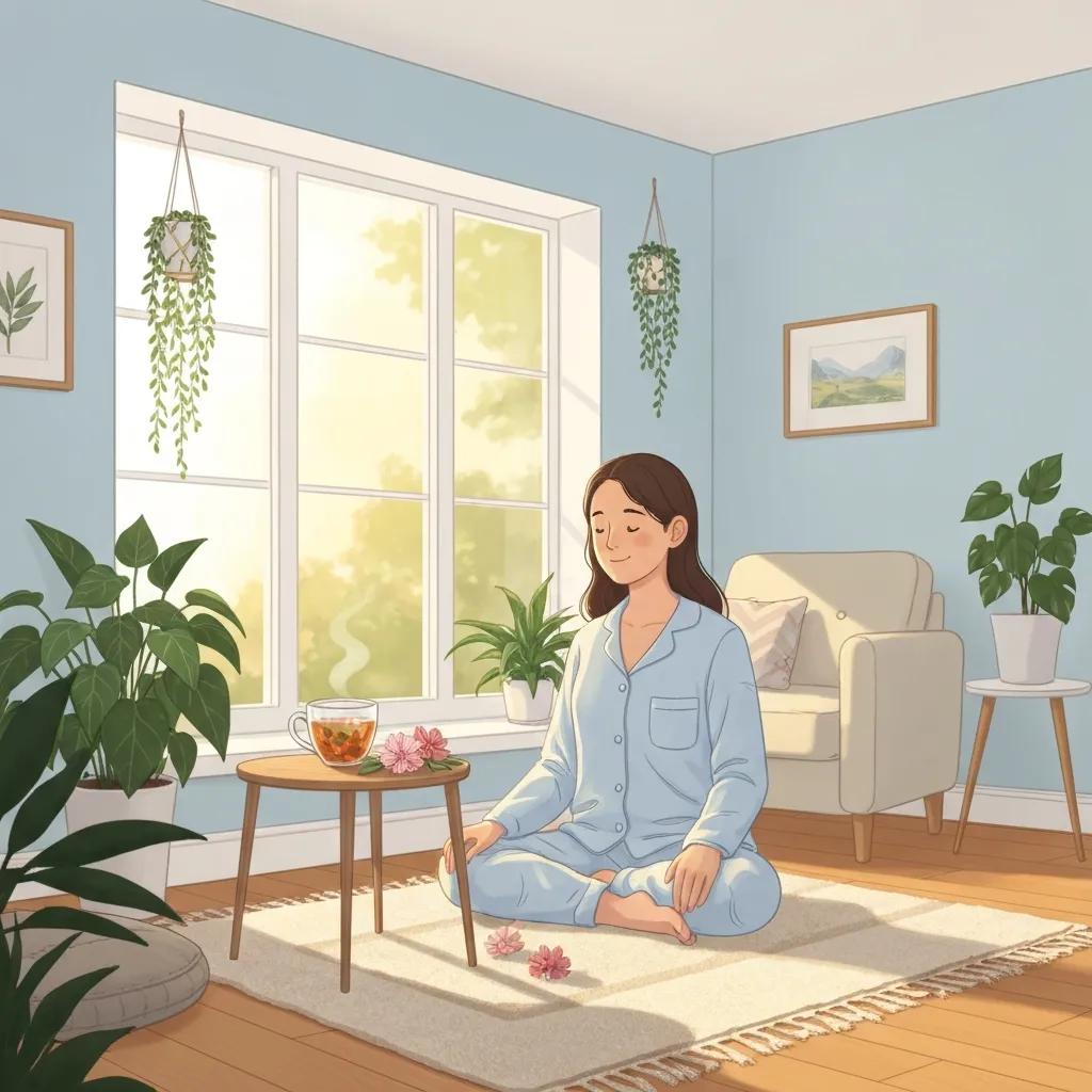 Cozy morning routine scene with a person practicing mindfulness, highlighting daily habits for mental wellness