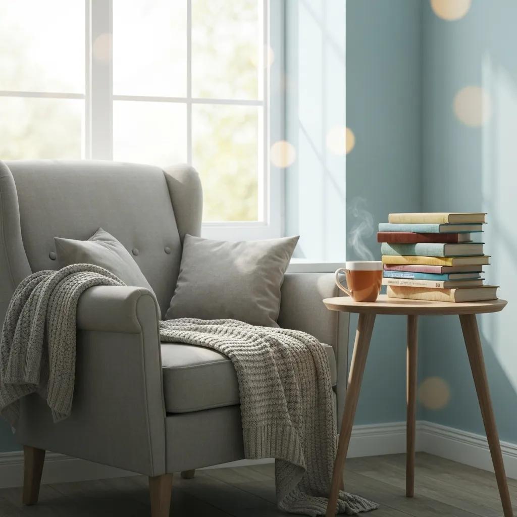 Cozy reading nook with mental health books and a cup of tea, symbolizing support and recovery