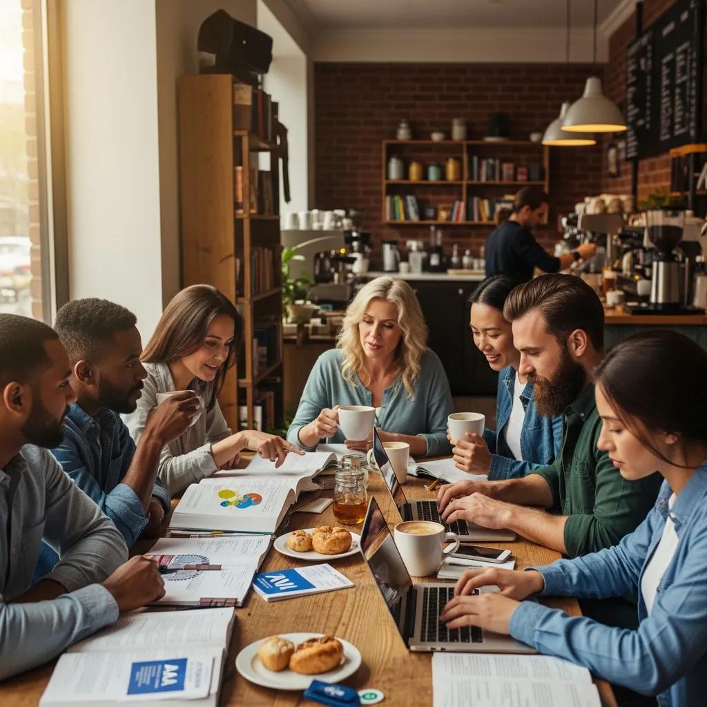 Diverse adult learners studying together in a cozy coffee shop, emphasizing education and recovery