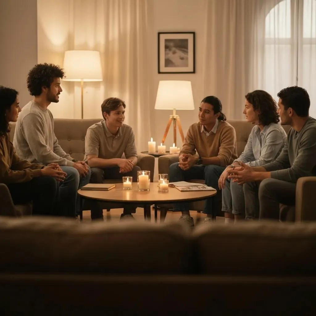 Diverse Group Discussing Mental Health In A Cozy Living Room, Promoting Awareness And Support
