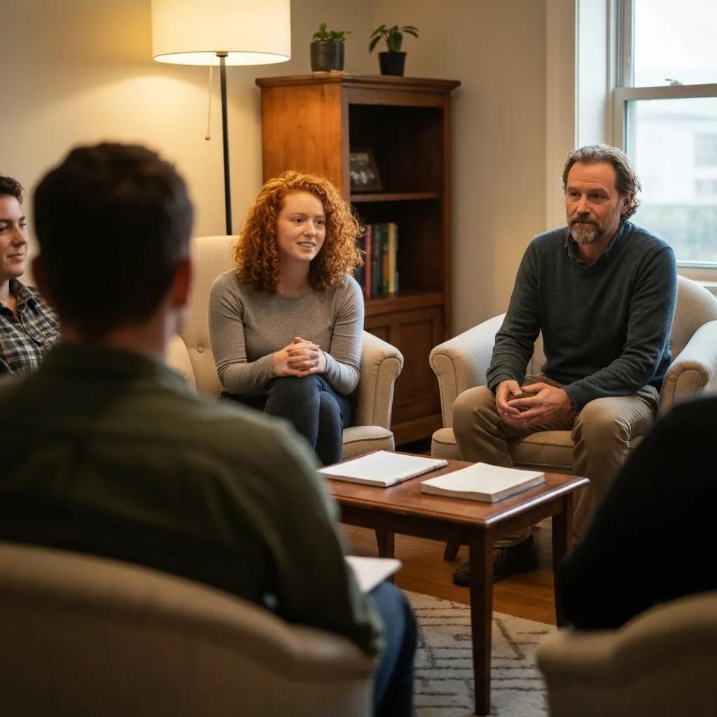 Diverse group discussing mental health recovery in a supportive environment