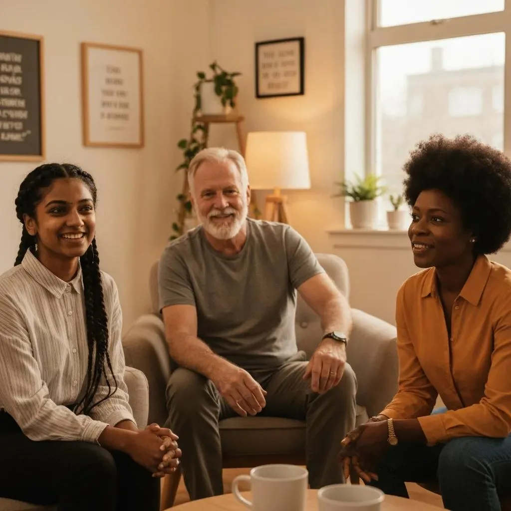 Diverse Group Discussing Recovery In A Cozy Meeting Room, Highlighting Community Support