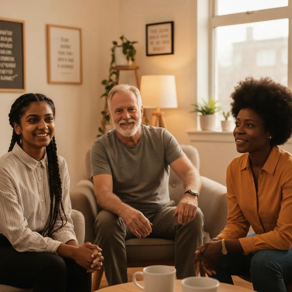 Diverse group discussing recovery in a cozy meeting room, highlighting community support