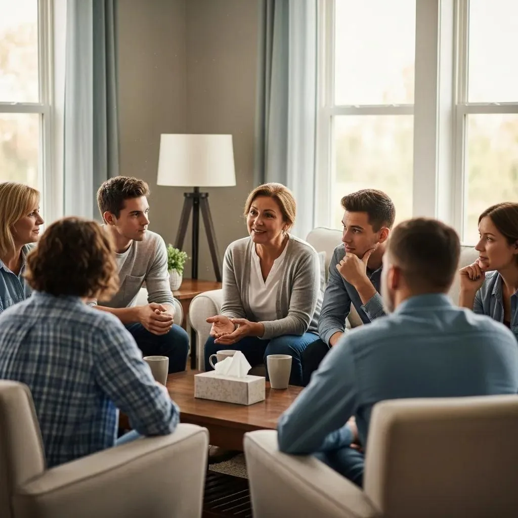 Diverse Group In A Sober Living Home Engaged In A Supportive Discussion, Highlighting Peer Accountability