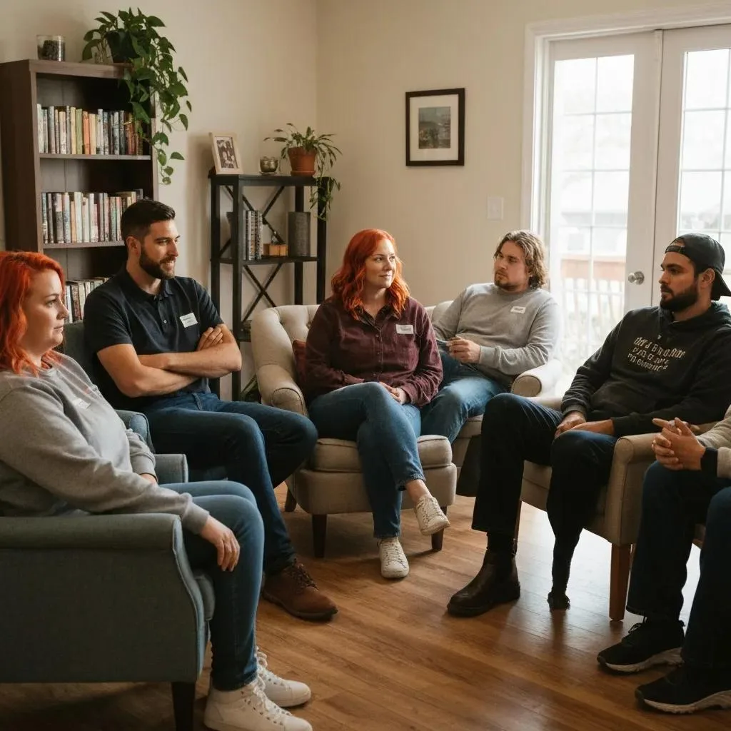 A Diverse Small Group Gathered In A Sober Living Meeting — Illustrating Peer Support And Shared Responsibility