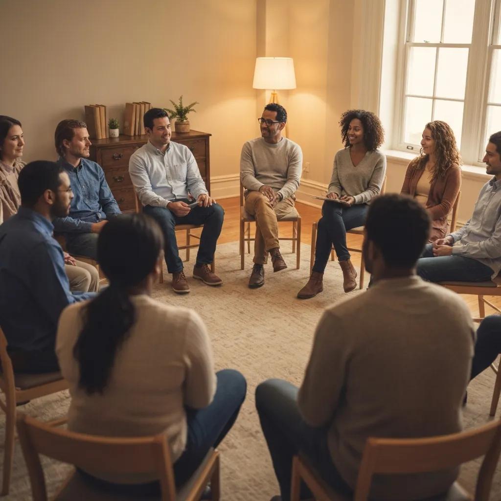 Diverse group in a supportive Narcotics Anonymous meeting, emphasizing community and recovery