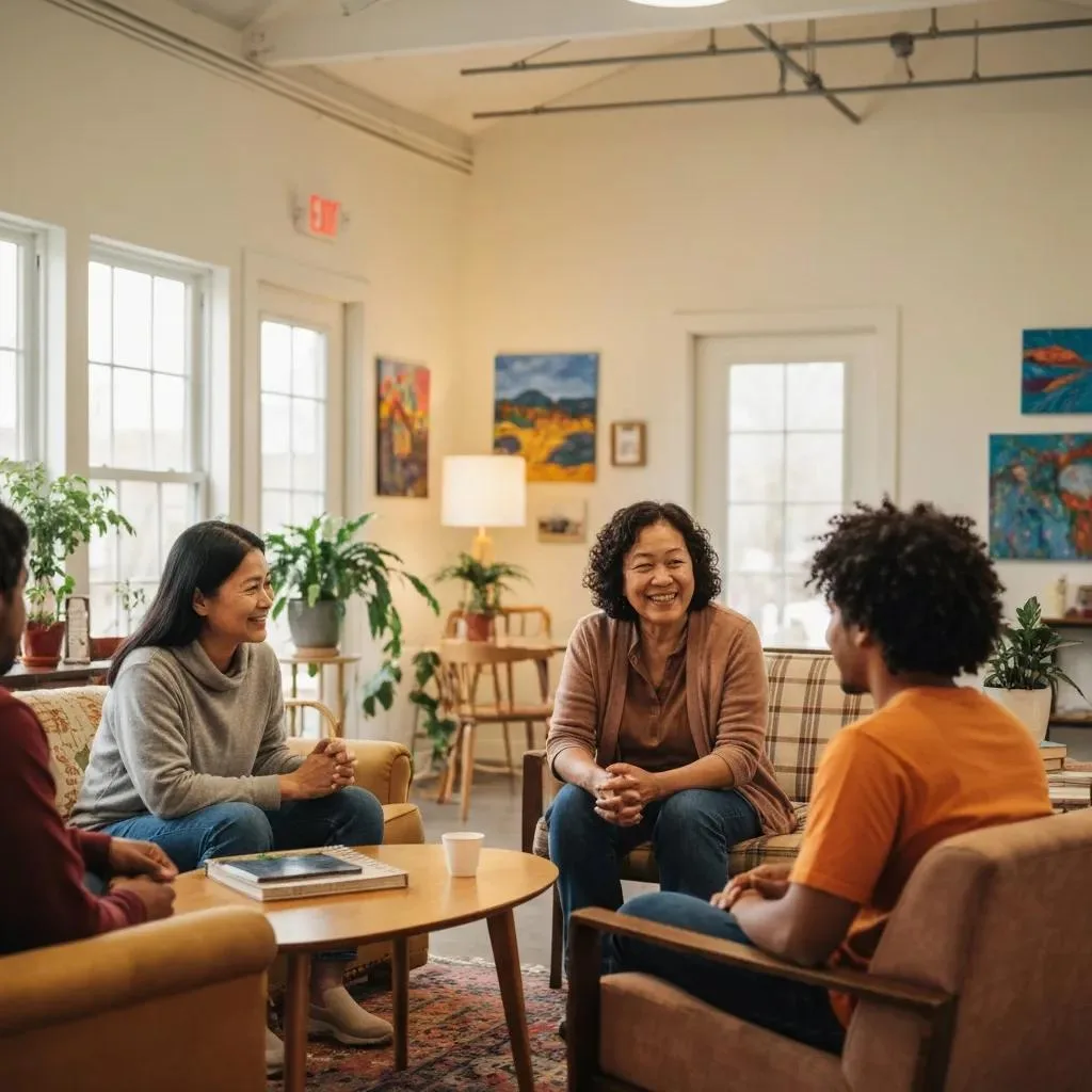Diverse Group Of People In A Supportive Conversation At A Community Center, Symbolizing Local Mental Health Support