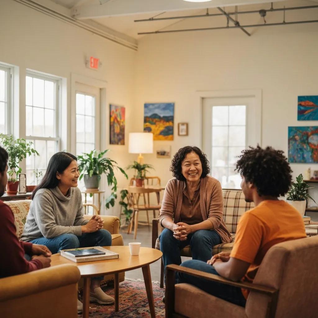 Diverse group of people in a supportive conversation at a community center, symbolizing local mental health support