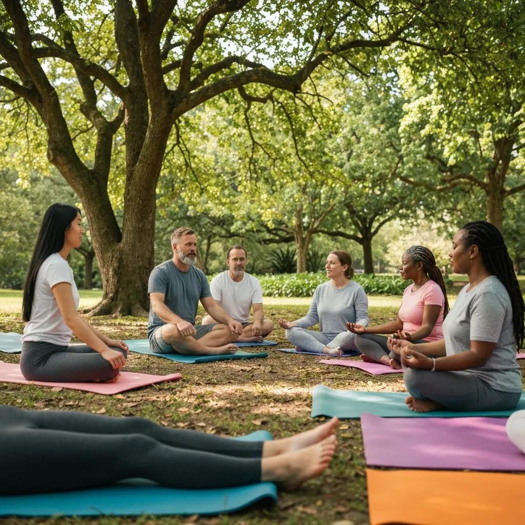Diverse group practicing wellness activities outdoors, promoting mental health prevention and community support