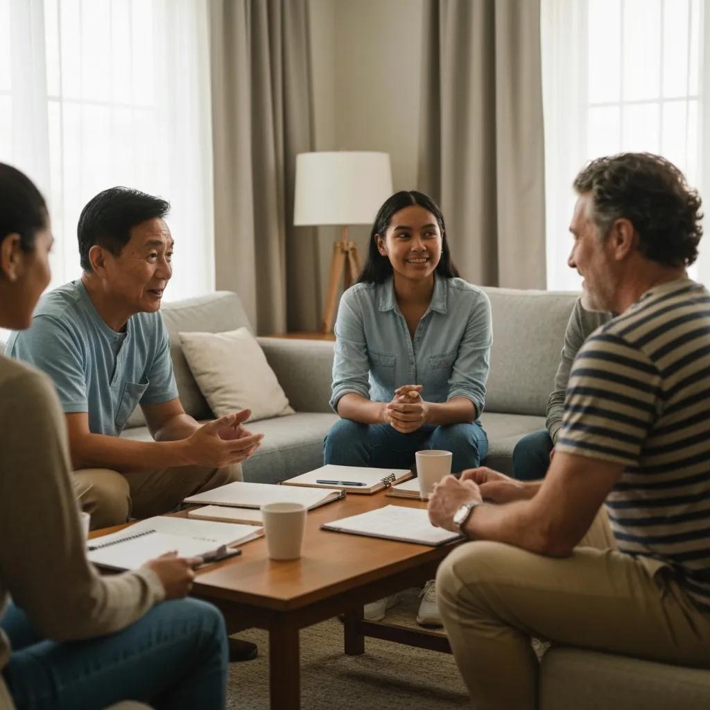 Diverse individuals in a supportive sober living community engaging in a group discussion