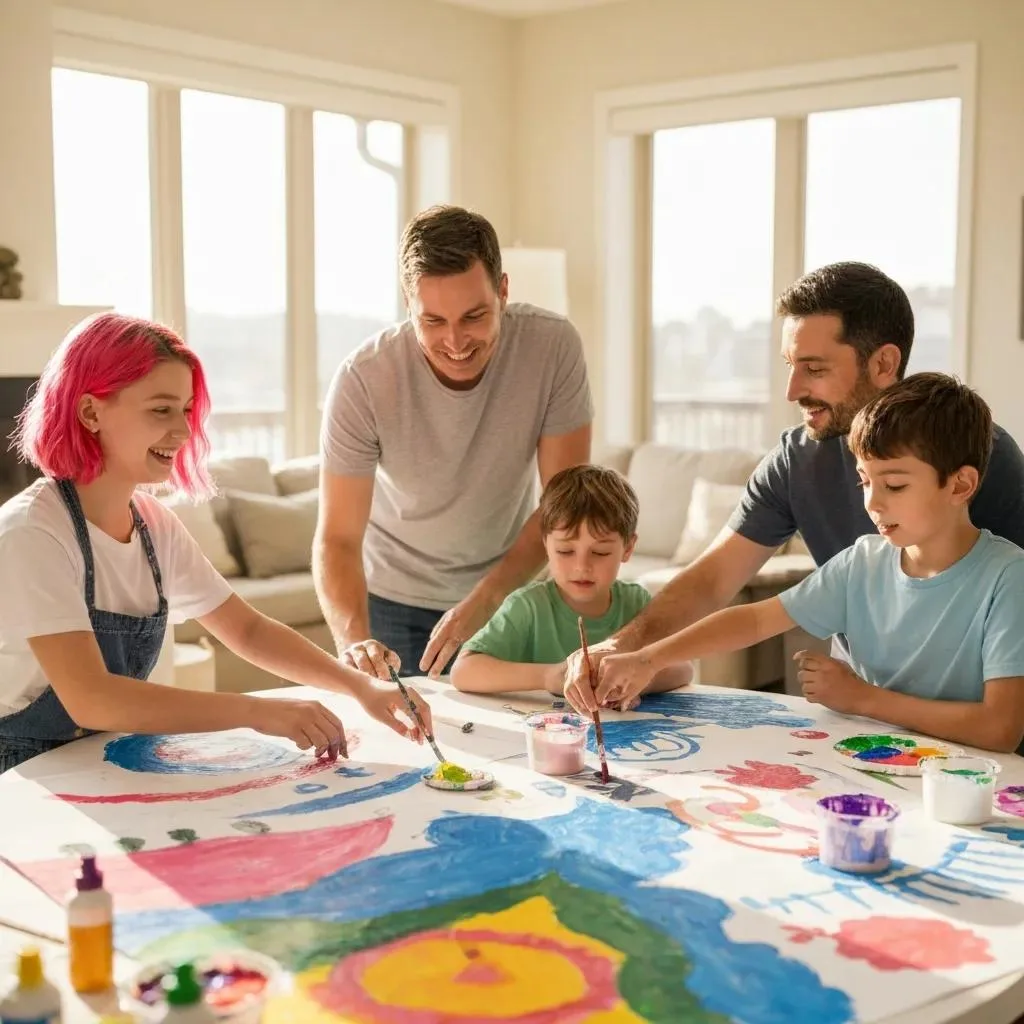 Art For Mental Health And Wellness Family Collaborating On A Mural, Highlighting The Benefits Of Art Therapy For Communication And Support