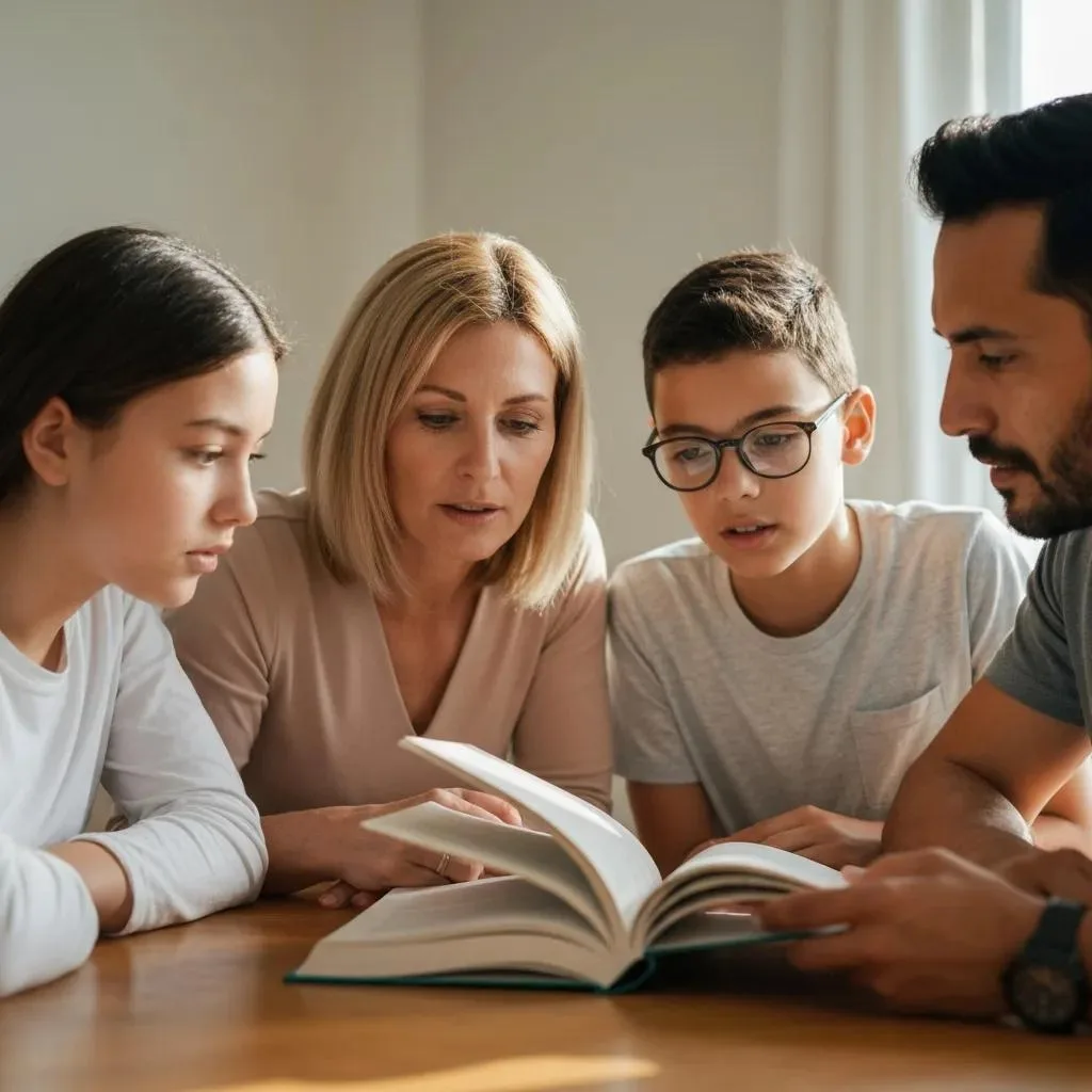 A Family Reading Together, Highlighting Supportive Conversations And Shared Understanding