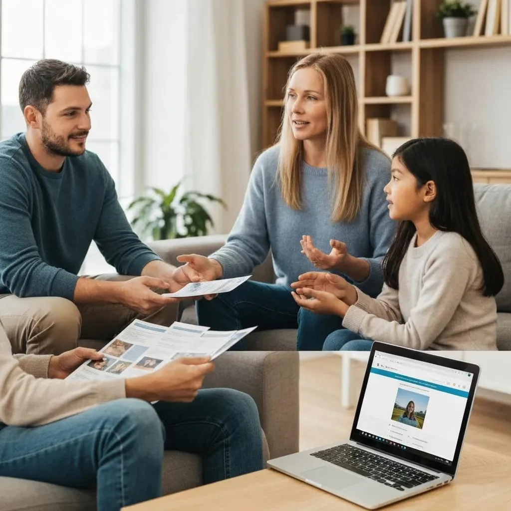 Family discussing aftercare strategies for stimulant addiction recovery, sharing informational materials, and engaging in supportive dialogue in a cozy living room setting.