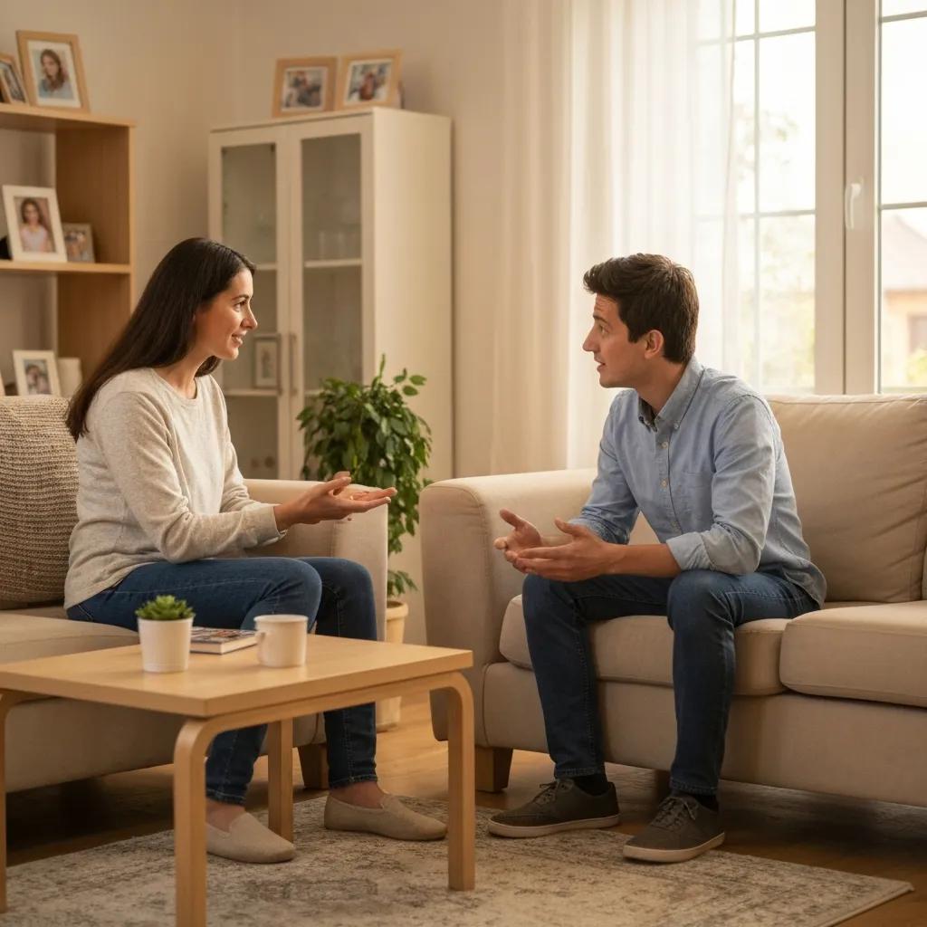 Family discussing teen depression treatment in a cozy living room, emphasizing emotional support and communication.