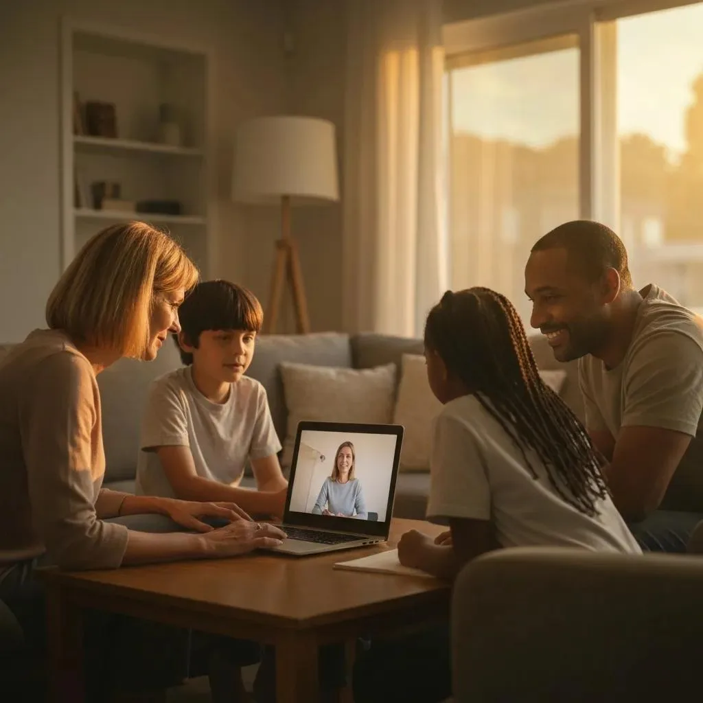 Mental Health Therapy For Families Family Participating In A Telehealth Session From Their Living Room, Weighing Online Versus In-Person Care