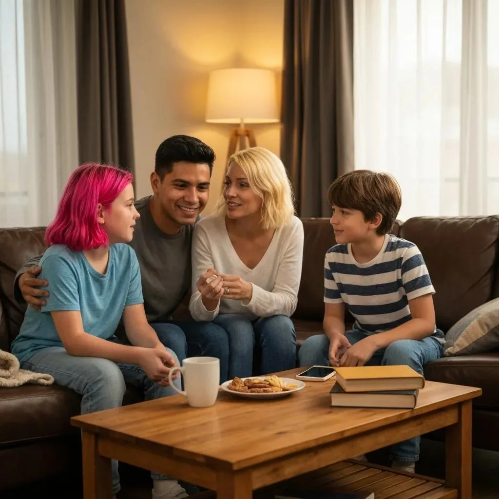 Family Having A Calm, Supportive Conversation At Home, Reflecting Family Involvement In Continued Care