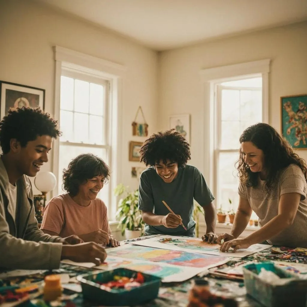 Using Art For Mental Health Family Members Working On A Colorful Collage Together — Family Support In Art Therapy At Emulate