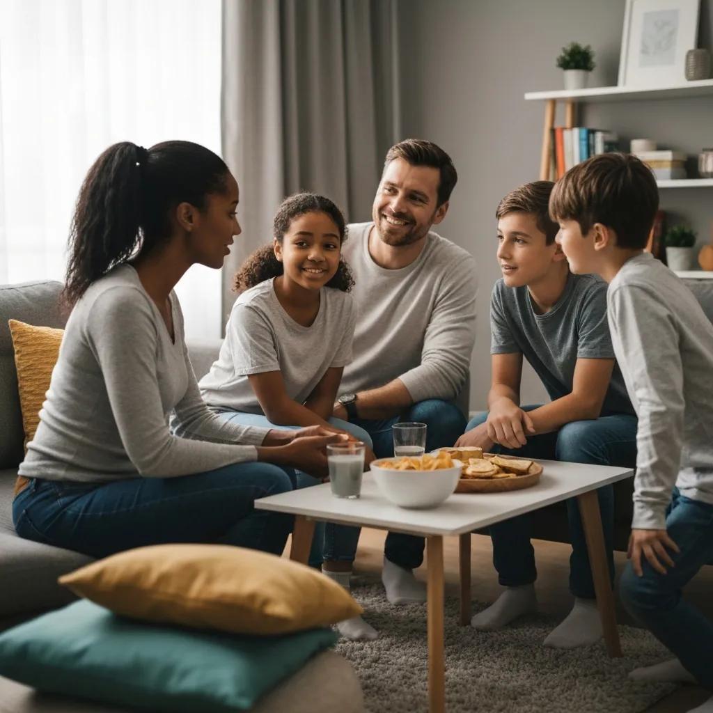 Family members discussing mental health in a cozy living room setting