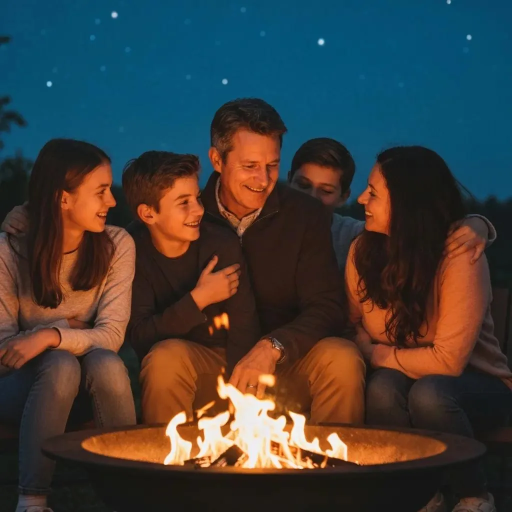 Family members engaged in supportive conversation around a campfire, demonstrating compassion and understanding for mental health challenges.