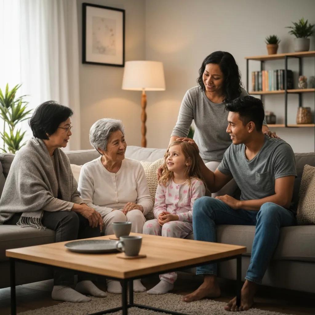 Family members sharing support and experiences in a cozy living room, emphasizing connection and empathy