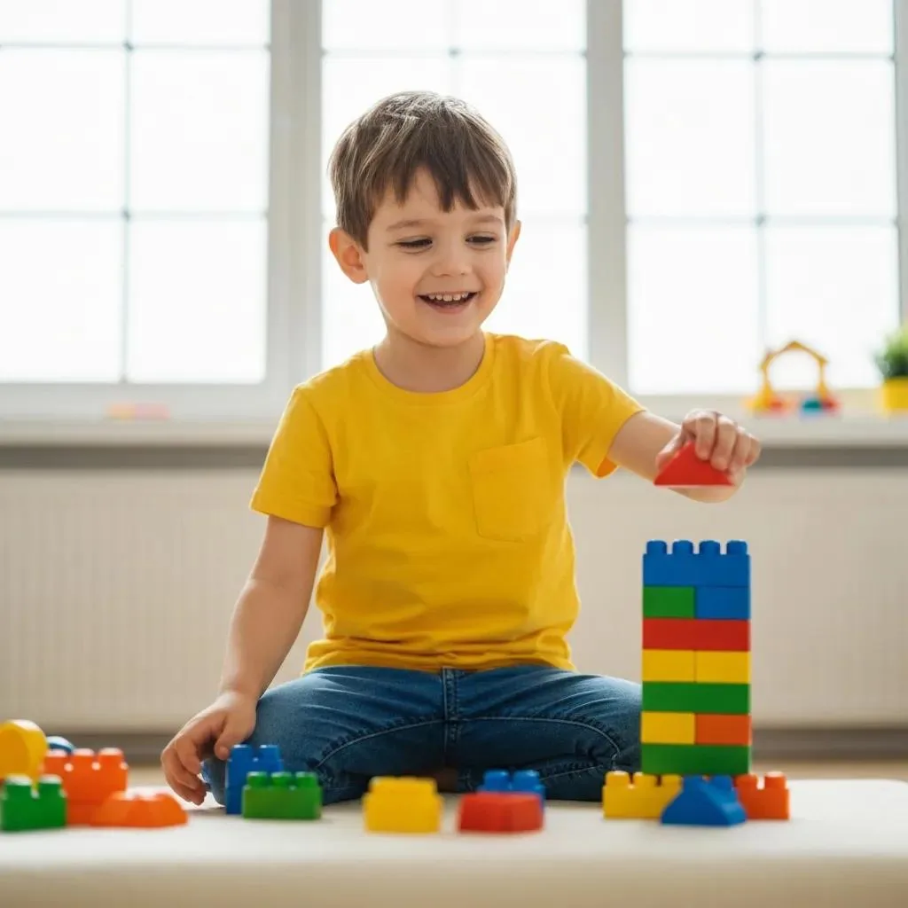 Techniques For Improving Self-Esteem Smiling boy in a yellow shirt stacking colorful building blocks, illustrating play and creativity in a supportive family environment.