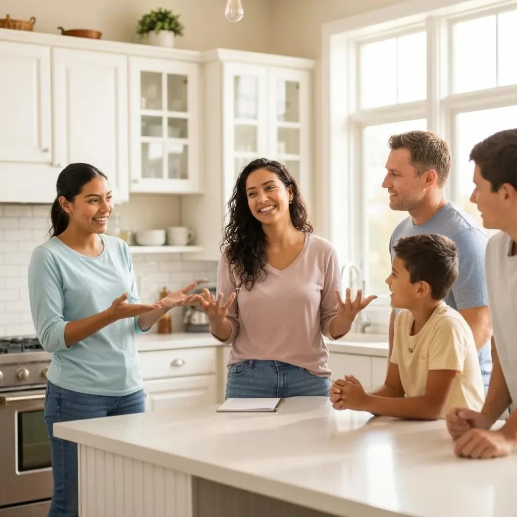 Family Practicing Simple Coping Strategies Together In A Bright Kitchen, Emphasizing Teamwork And Communication