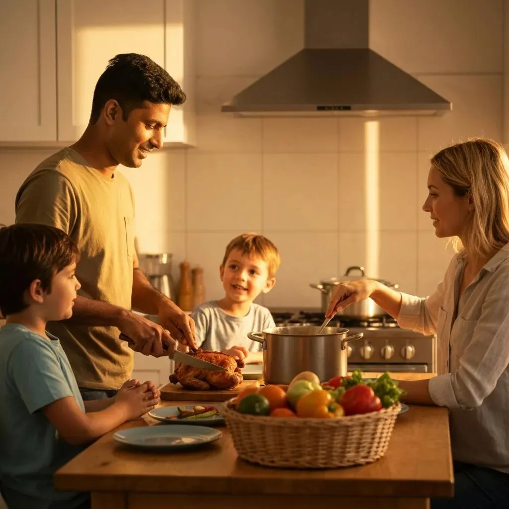 Family Cooking A Healthy Meal Together To Encourage Steady Eating Habits During Recovery