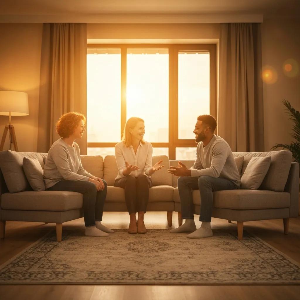 Family therapy session with a diverse family and therapist in a cozy room