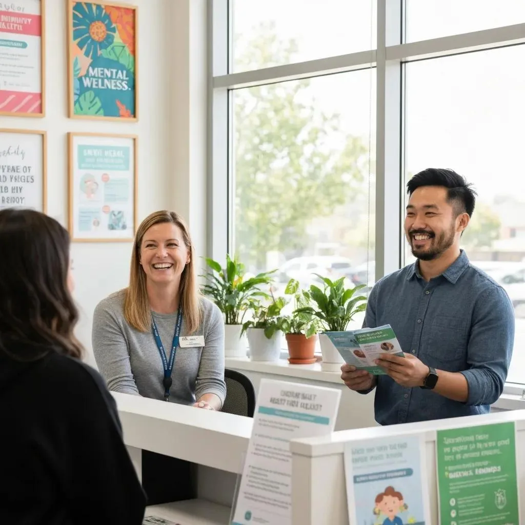 Friendly Staff Helping Clients At A Community Mental Health Center, Showing Local Support For Recovery