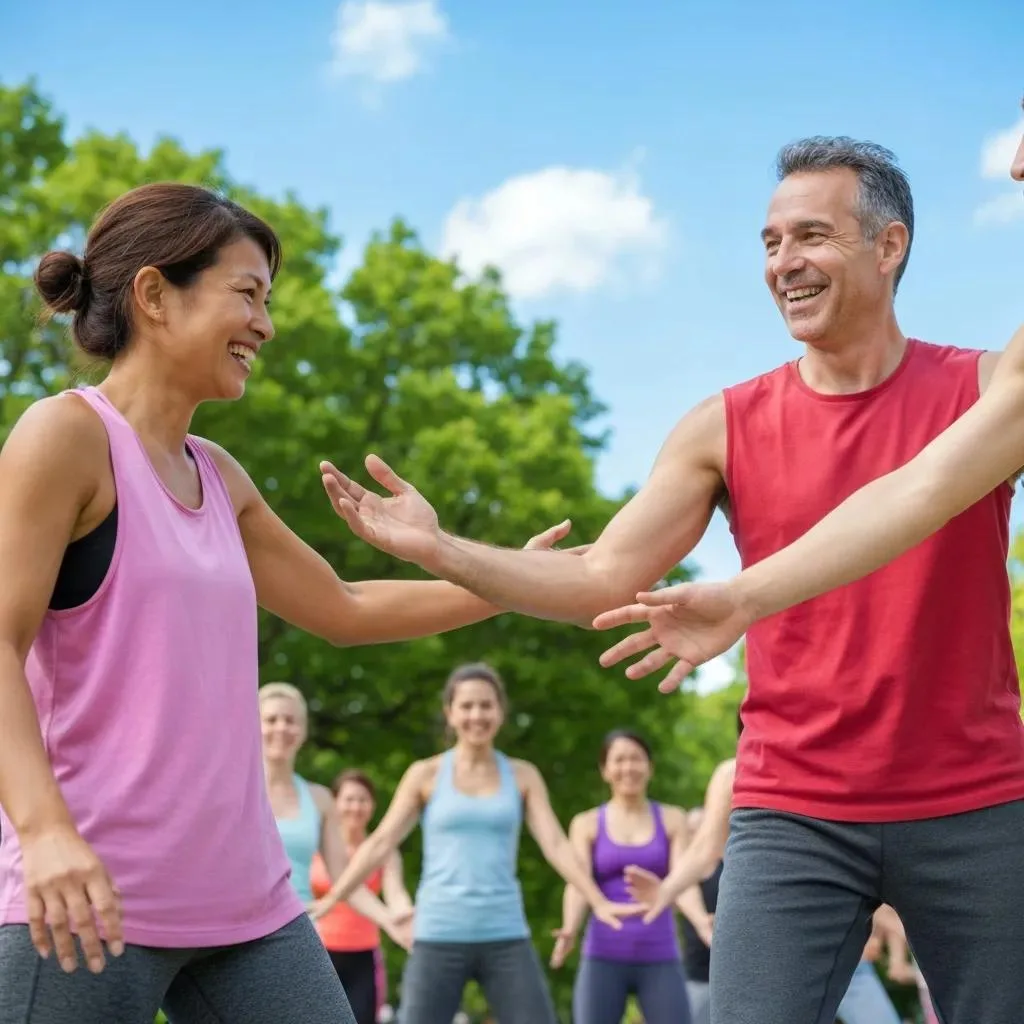 Group exercise class in a park, participants engaging in physical activity, smiling faces, illustrating the positive impact of exercise on mental health and social connection.