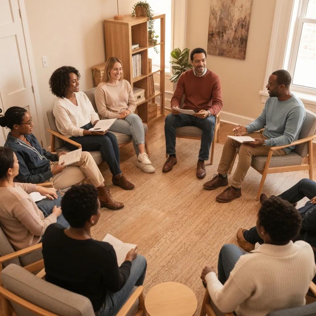 Group of diverse individuals participating in a mental health therapy session, showcasing support and connection