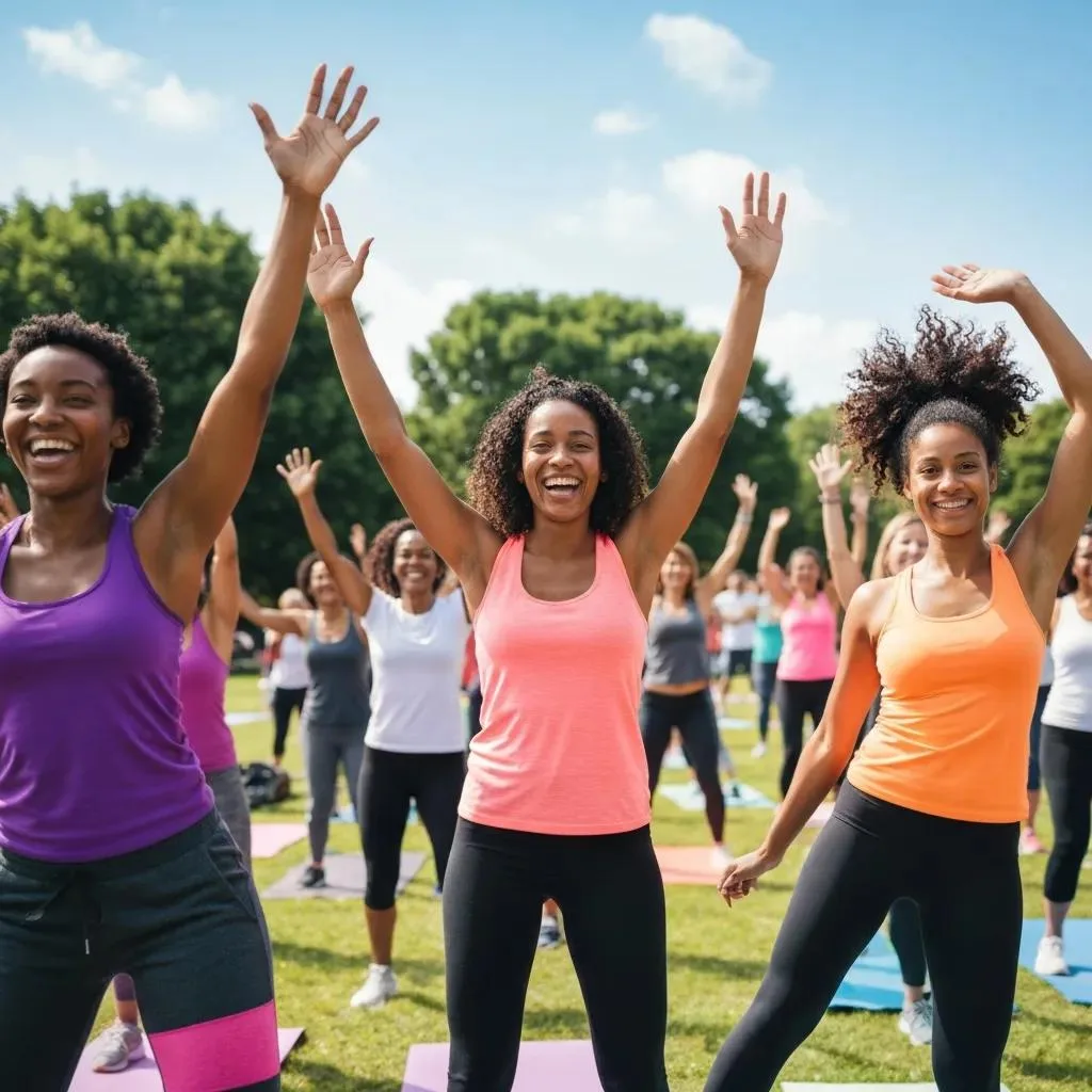 Group of diverse individuals joyfully participating in an outdoor exercise class, promoting physical activity's benefits for mental well-being.