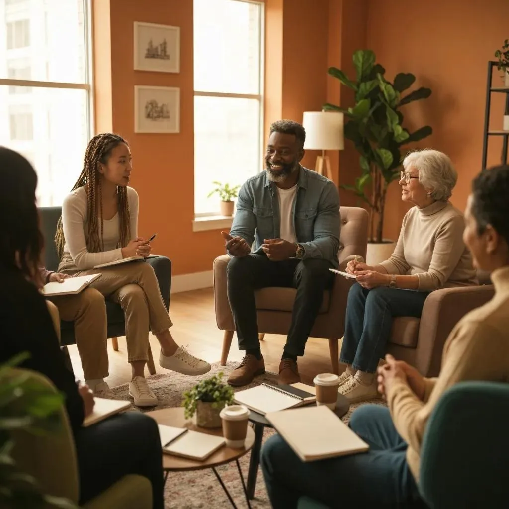 Group Of Diverse Individuals Sharing Inspiring Mental Health Recovery Stories In A Cozy Setting