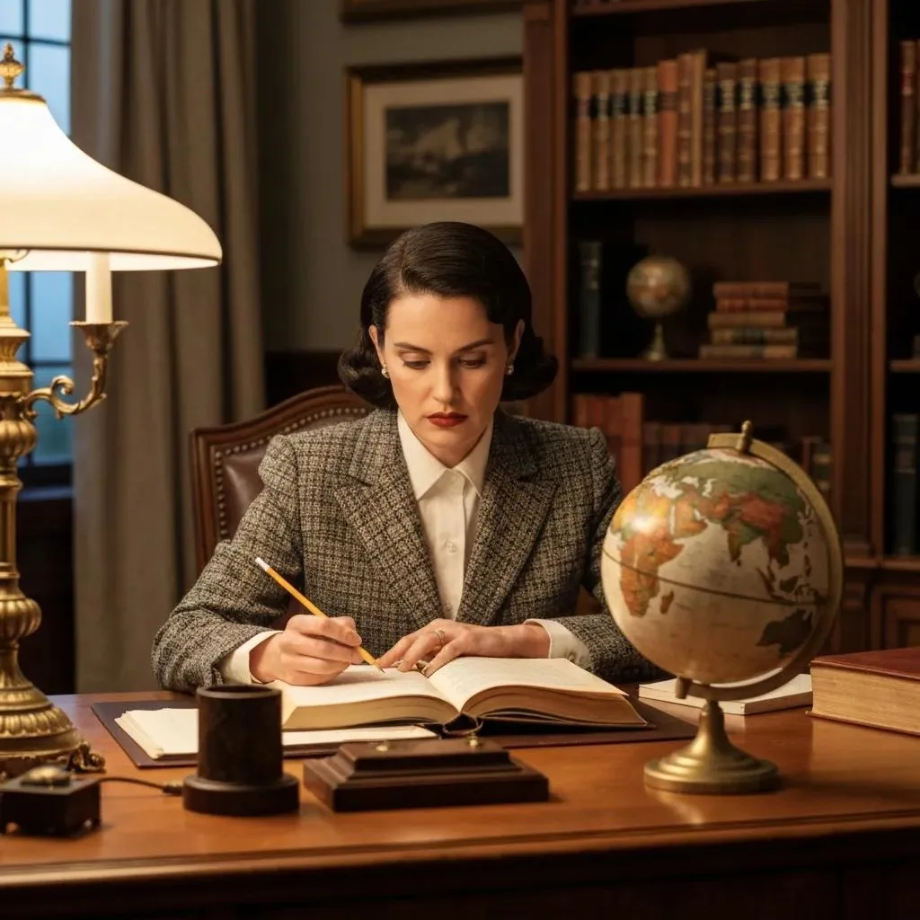 Woman in vintage attire writing in a book at a desk with a globe and lamp, symbolizing preparation and focus for team assembly in interventions.