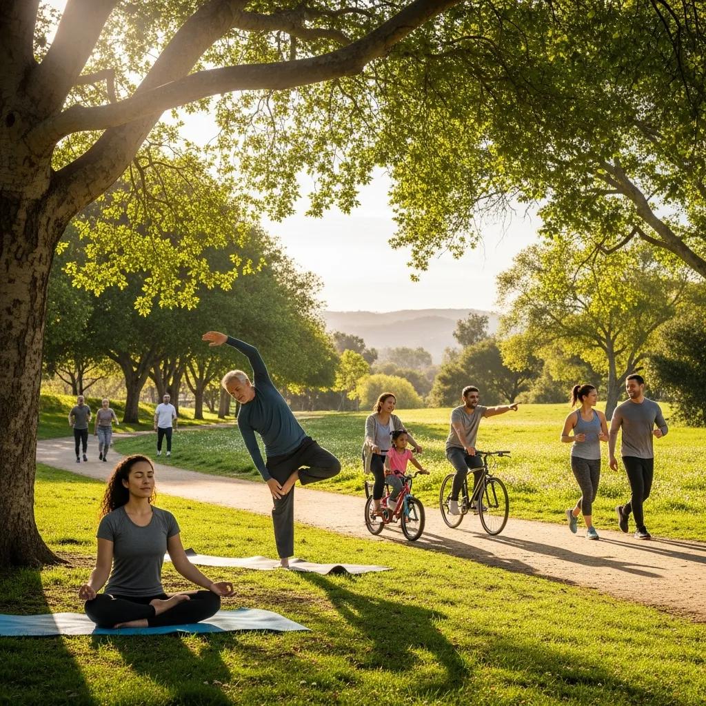 Group of people practicing healthy activities in a Woodland Hills park, emphasizing recovery and wellness