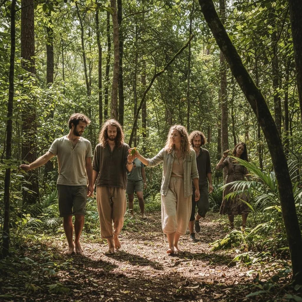 People Walking Slowly Through A Forest In A Guided Forest‑Bathing Session, Illustrating Ecotherapy Benefits