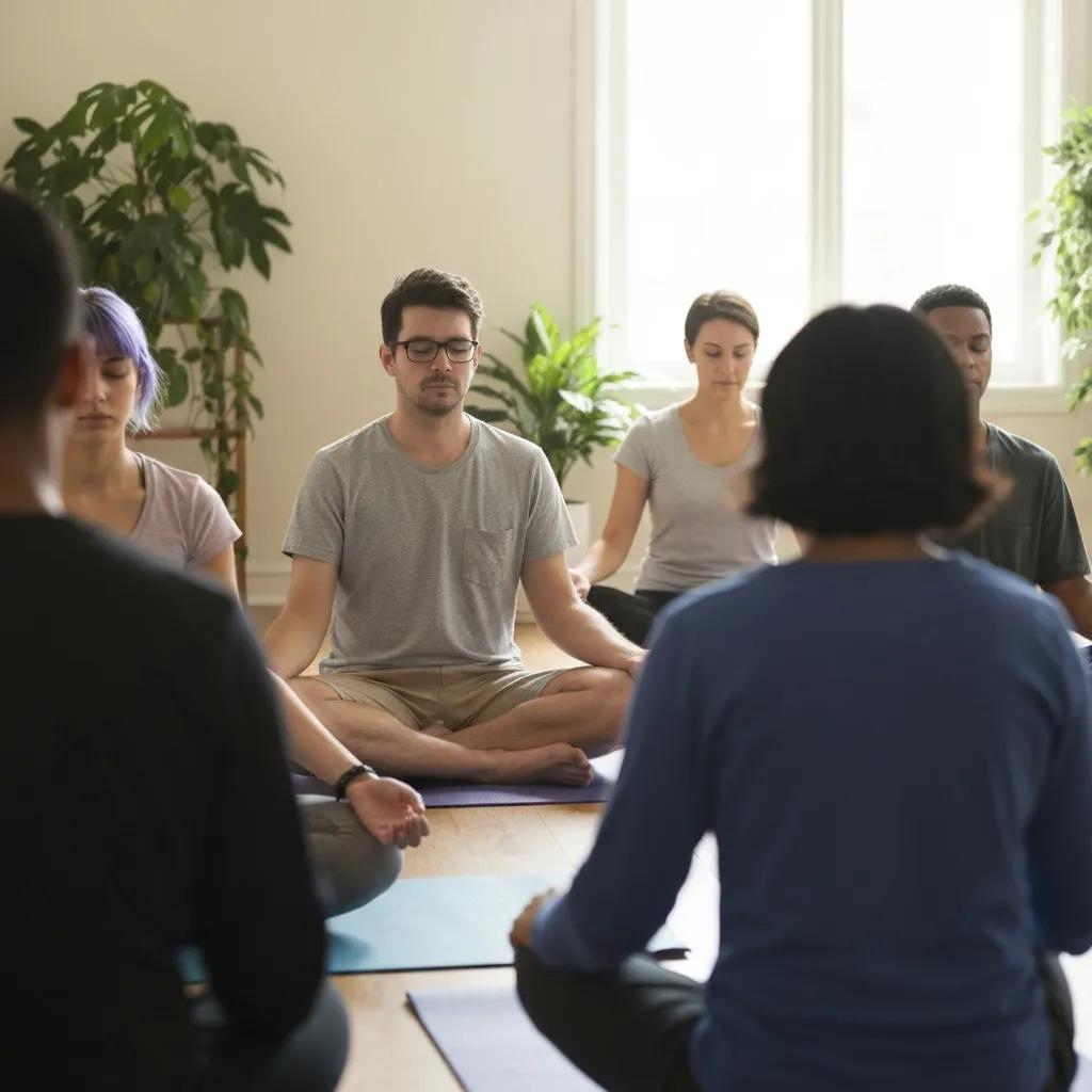 Mindfulness For Mental Health Group practicing mindfulness exercises for anxiety and stress relief in a serene indoor setting, focusing on breath and present moment awareness.