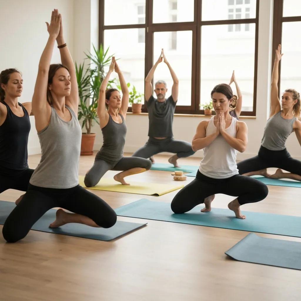 Group practicing yoga in a serene studio, emphasizing mindfulness and recovery