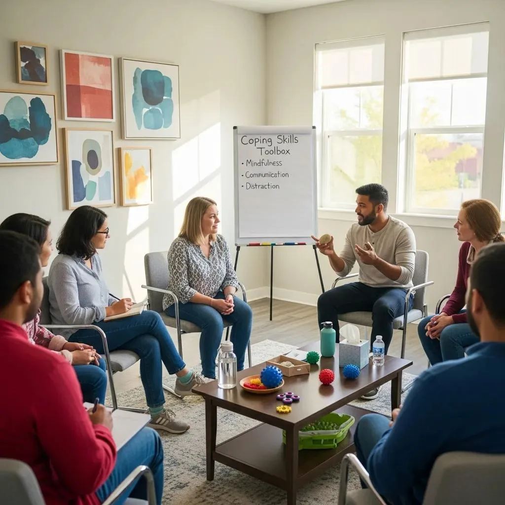 Group Therapy Session Focused On Cognitive Behavioral Therapy Benefits For Addiction Recovery