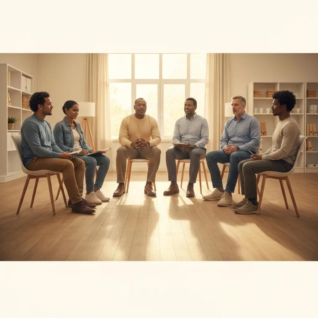 Group therapy session for addiction recovery, featuring diverse individuals engaged in discussion, emphasizing support and community engagement in a warm, inviting setting.