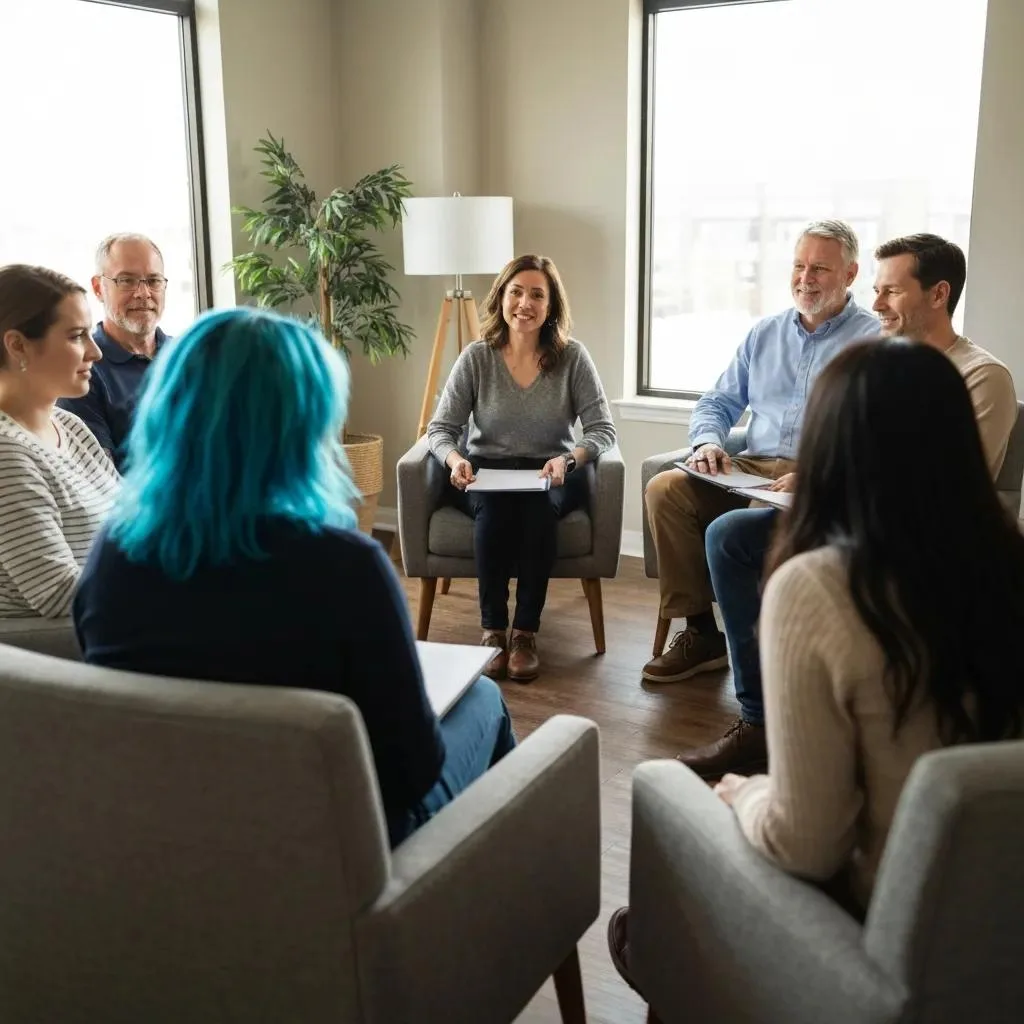 Recognizing Adhd Symptoms Group therapy session for adults focused on ADHD treatment, featuring a diverse group of participants engaged in discussion, with a clinician facilitating in a supportive environment.