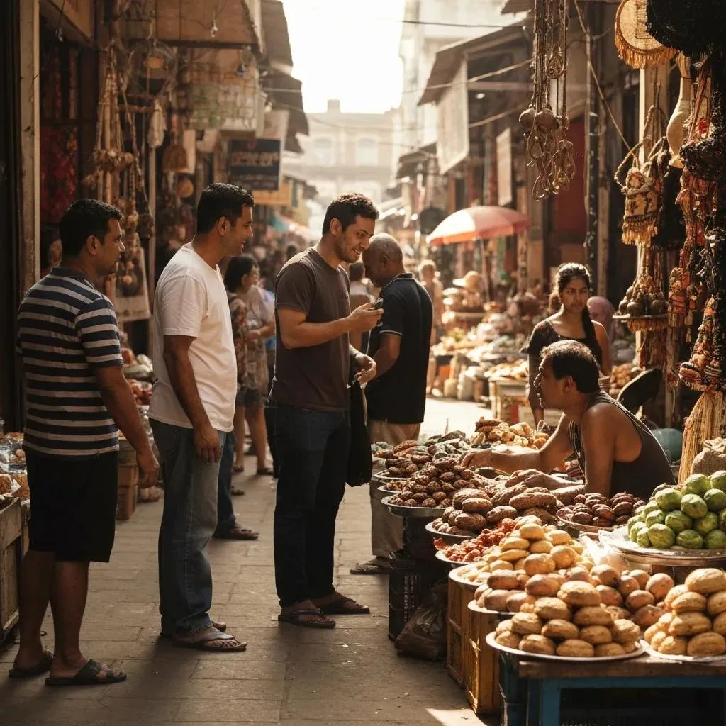 Group therapy session in a bustling market, participants engaging with a vendor, showcasing interaction and community support for co-occurring anxiety and substance abuse treatment.