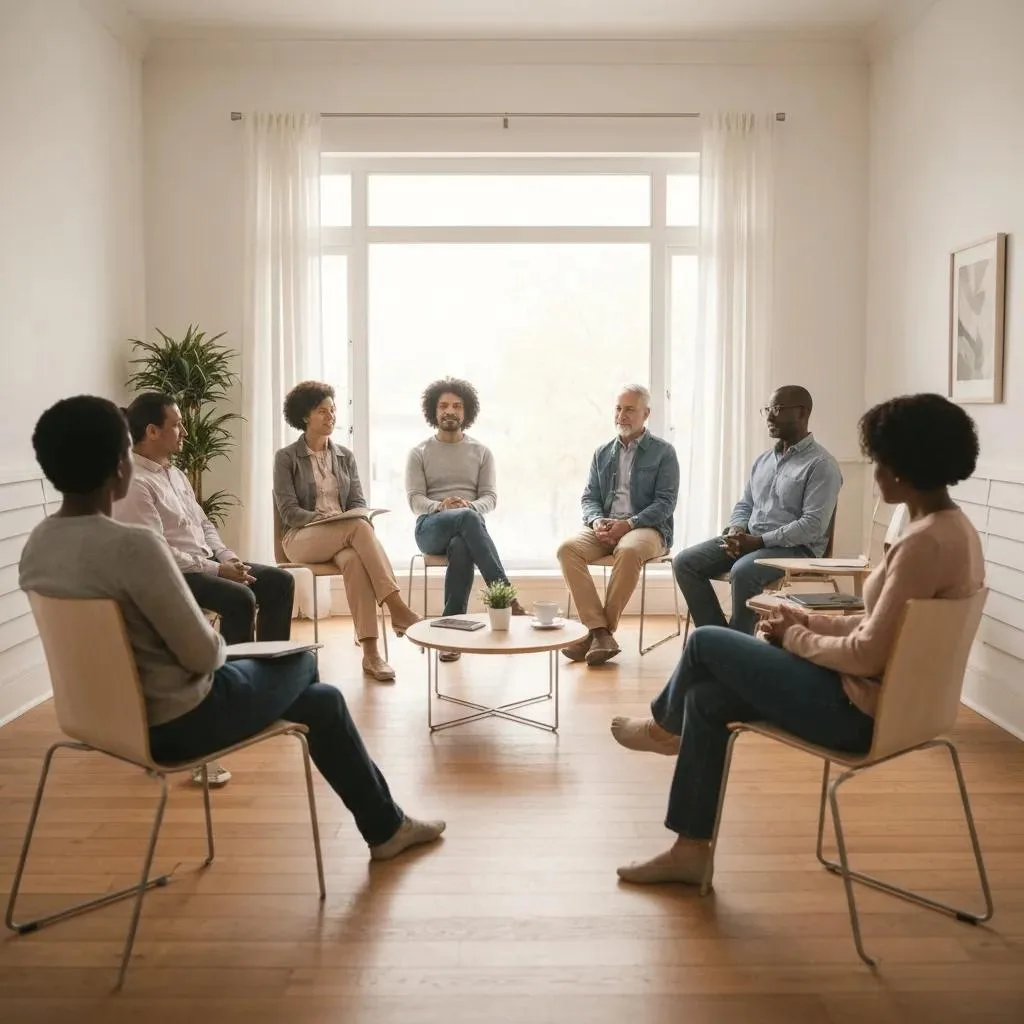 Group therapy session for stimulant addiction recovery, showcasing individuals engaged in supportive dialogue, emphasizing community and recovery guidance in a bright, inviting setting.